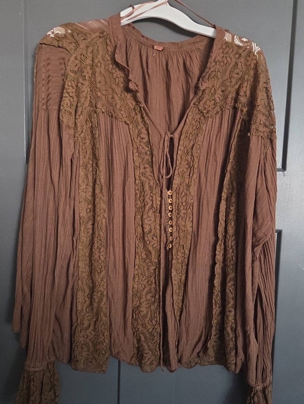 Free People Brown Lace-Trim Peasant Tunic